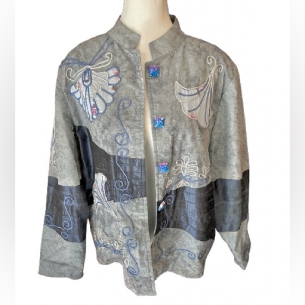 Vintage INDIGO MOON Cotton Medium Blue Floral Embroidered Patchwork Jacket Boho